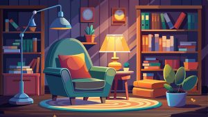 Vector art of a reading nook with bookshelves, a cozy chair, and warm lighting.